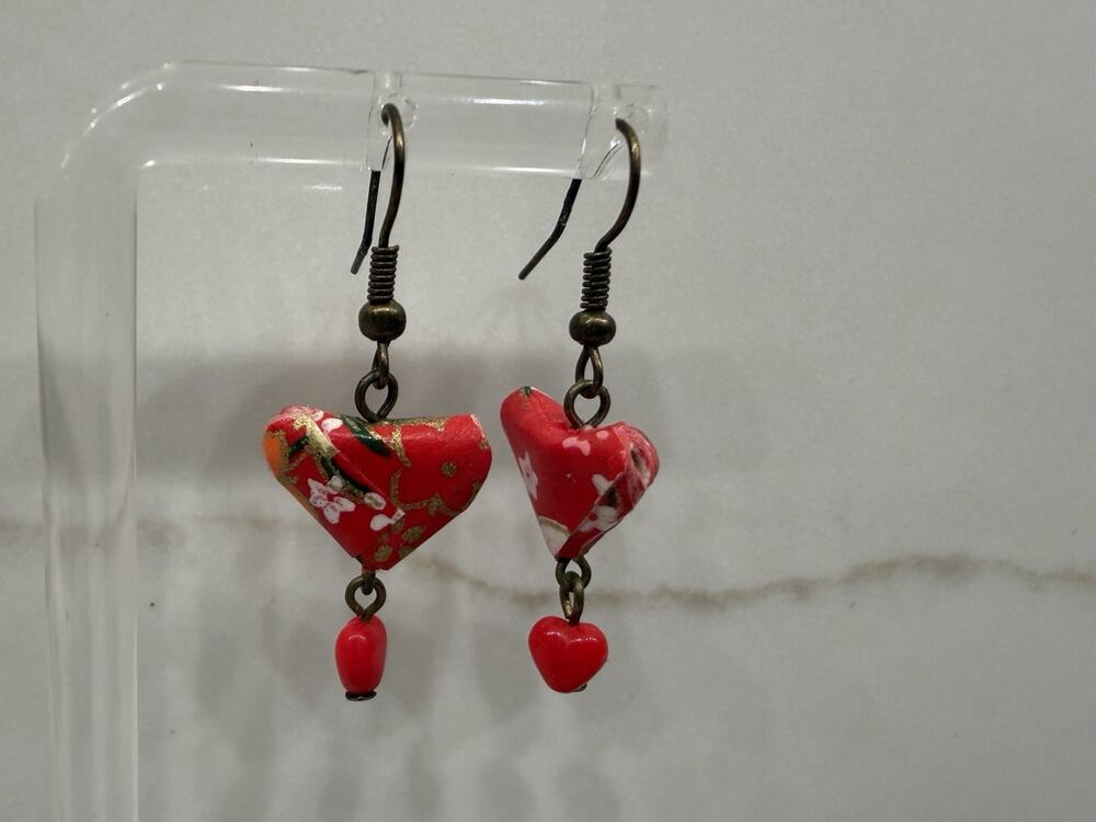 Handmade Origami Style Heart Earrings Red Floral Paper Bead Dangle Pierced